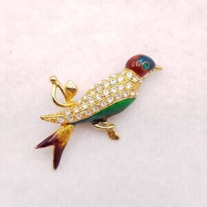 Bird Brooch Gold Tone Multicolor Enamel Clear Rhinestone Figural Perched